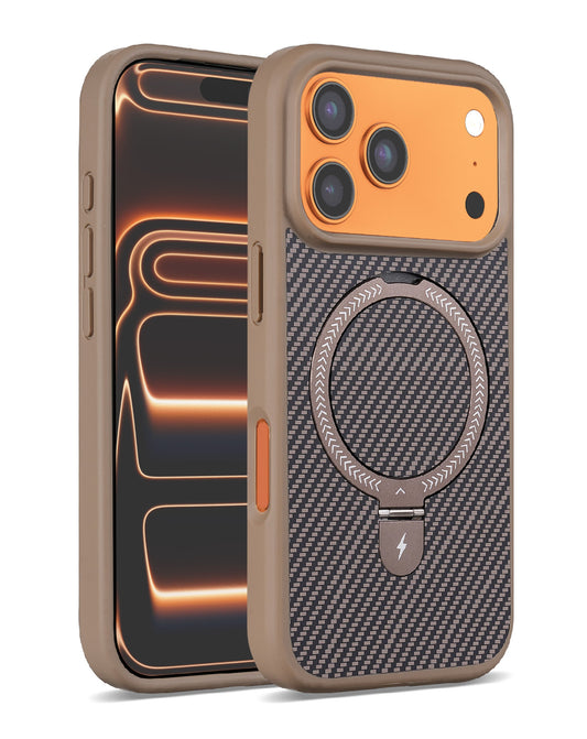 Magnetic Kickstand Case  with Carbon Fiber -BROWN for iPhone 17 Pro Max (Only Ground Shipping)